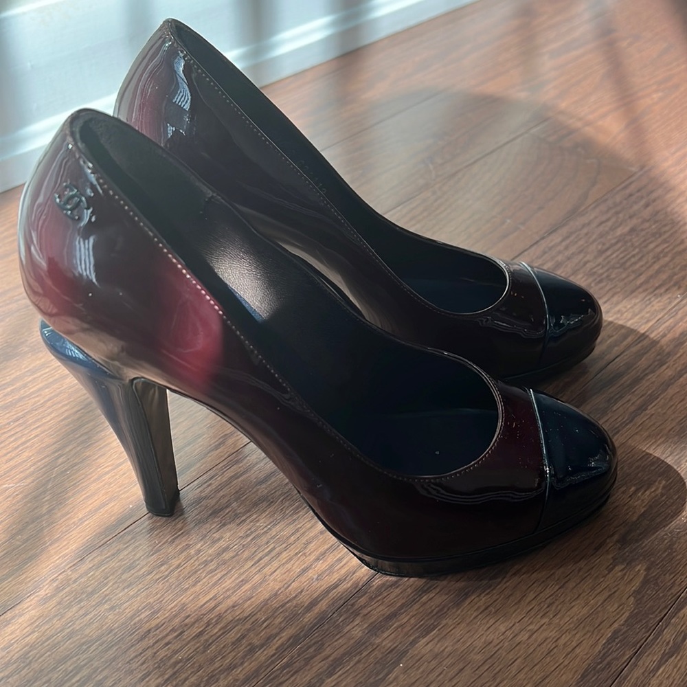 Chanel patent burgundy and navy pumps